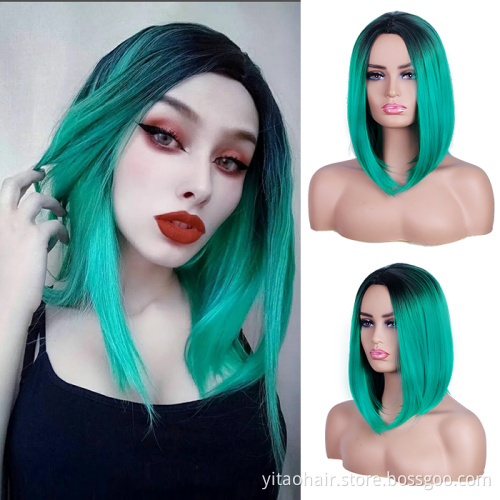 Wholesale cheap anime party gradient black to Teal Blue bob short straight synthetic shoulder-length hair cosplay wig